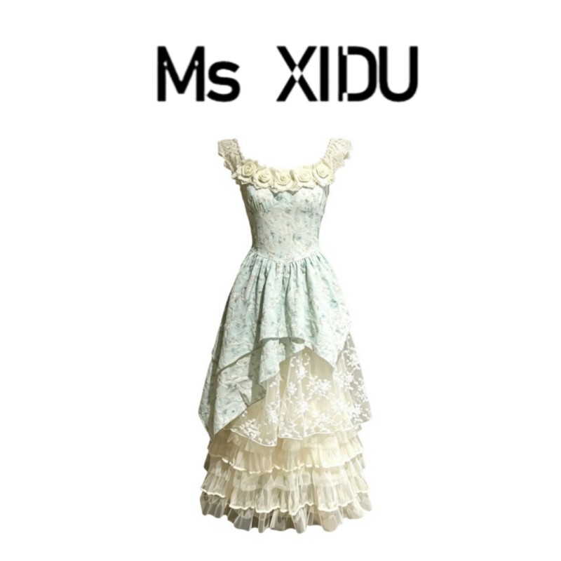 Ms Xidu French-Style Elegant Vacation Green Dress for Women with Irregular Patchwork Design and Layered Long Skirt