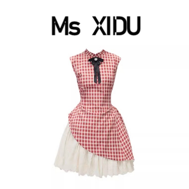 Ms Xidu Strawberry Cream Pie New Chinese Style Red Plaid Dress Women's Summer New Lace Patchwork Short Skirt