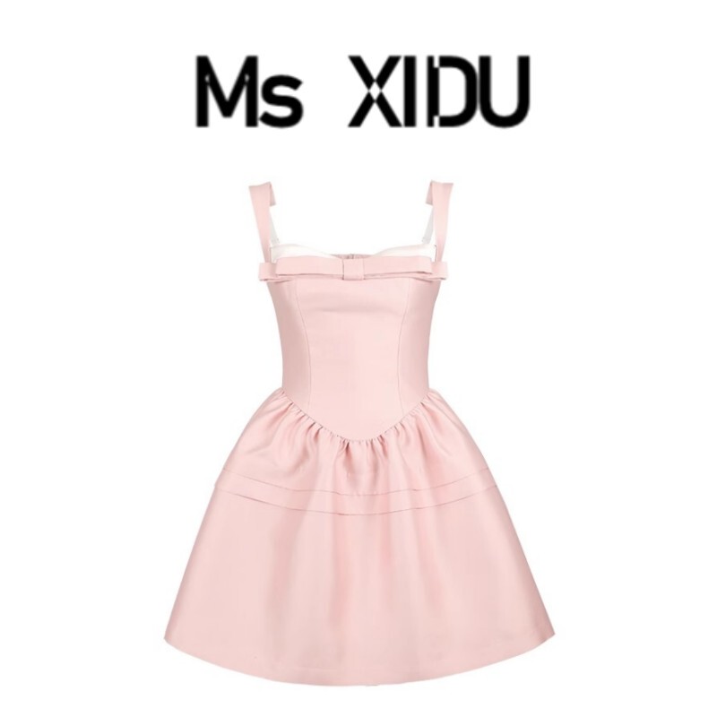 Ms Xidu Pink Bow Acetate Splicing Faux Silk Wool Princess Birthday Party Light Dress Spaghetti Strap Dress