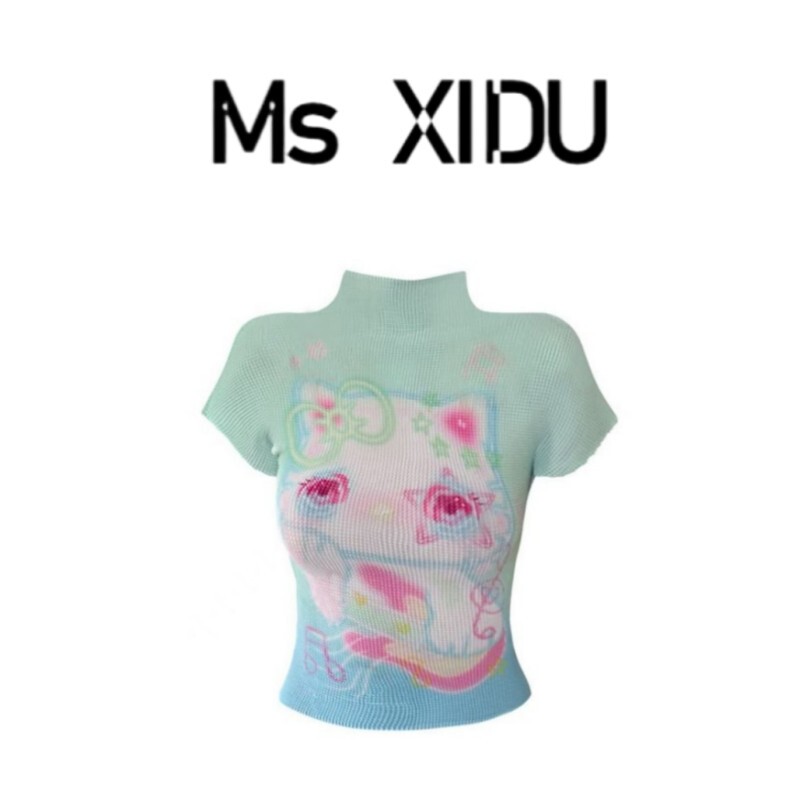 Ms Xidu 【In Stock】 Designed Colorful Crying Kitten Summer Dopamine Sweet and Spicy Slimming Pleated Pineapple Shirt