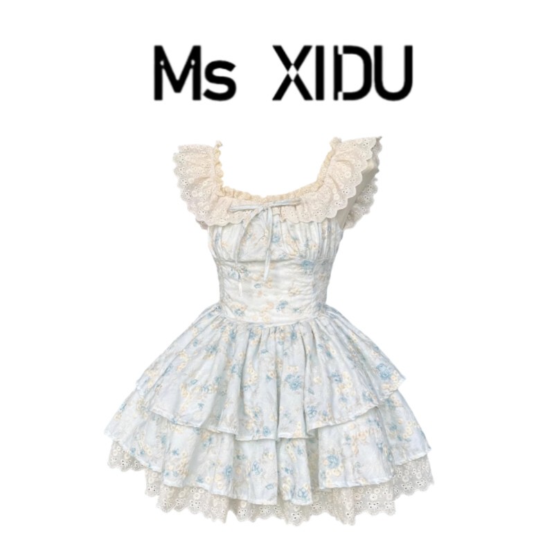 Ms Xidu Sakura Floral Feather Exquisite Sweet Little Flutter Sleeve Gentle Floral Waist-Cinching Princess Style Puffy Dress for Summer