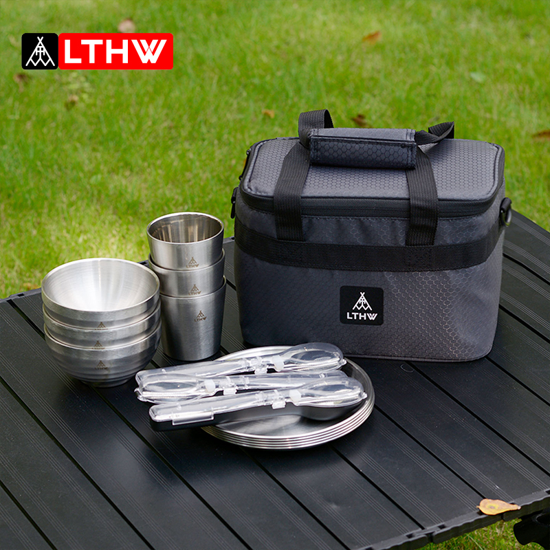 Lthw Travel Outdoor Portable Tableware Set Bag Camping Refrigerated Thickened Storage Bag Picnic Bowl Plate Cup Chopsticks Spoon Bag