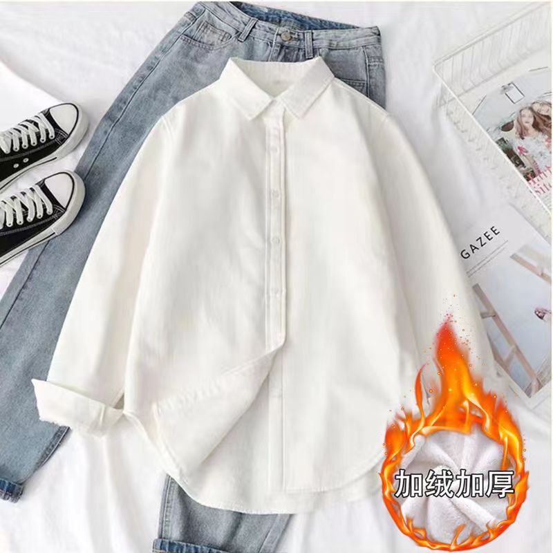Plus Size Fat Girl Slimming Shirt White Blouse Autumn and Winter New Style Fleece-Lined White Black Blue Fleece-Lined Warm Clothing