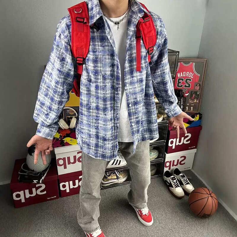 Tie-Dye Plaid Shirt for Men, High-End, Cool and Stylish, Spring and Autumn American High Street Jacket, Cleanfit Plaid Long-Sleeve Shirt