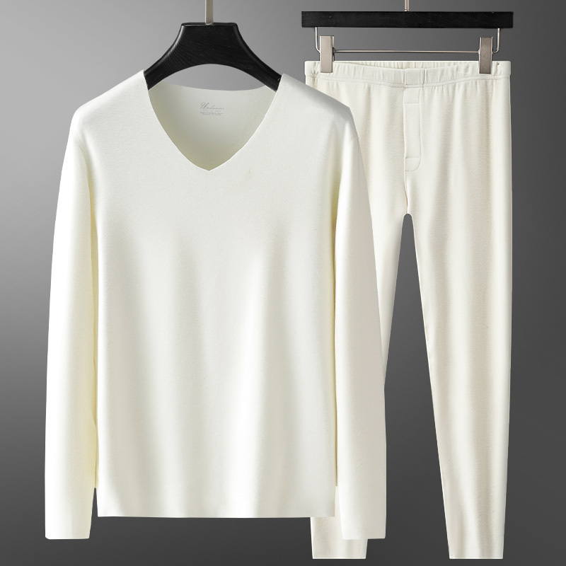Feather Protein Men's Thermal Underwear Set V-Neck Seamless Winter Thickened Base Layer Top and Bottom