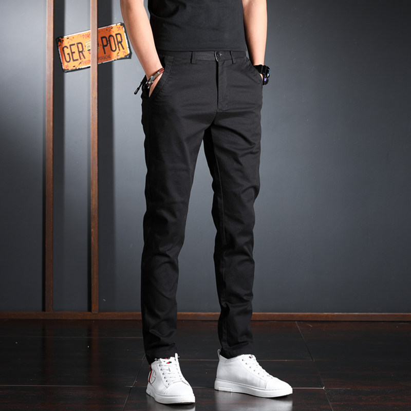 Autumn casual men's pants slim small feet all-match trousers high-end Korean version of the trend pure black elastic trousers men's straight