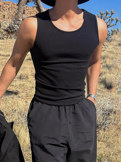 White round neck threaded sleeveless vest for men 2026 summer American elastic fitness sports T-shirt bottoming sweat vest