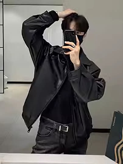 Lapel motorcycle leather jacket for men spring and autumn new Korean style trendy and handsome Hong Kong style retro versatile leather jacket top coat
