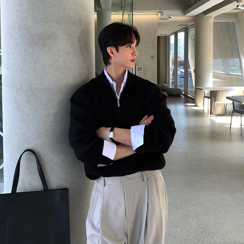 Black Half-Zip Lapel Polo Sweater Men's Winter Korean Style Cleanfit Knit Top Inner Layer
