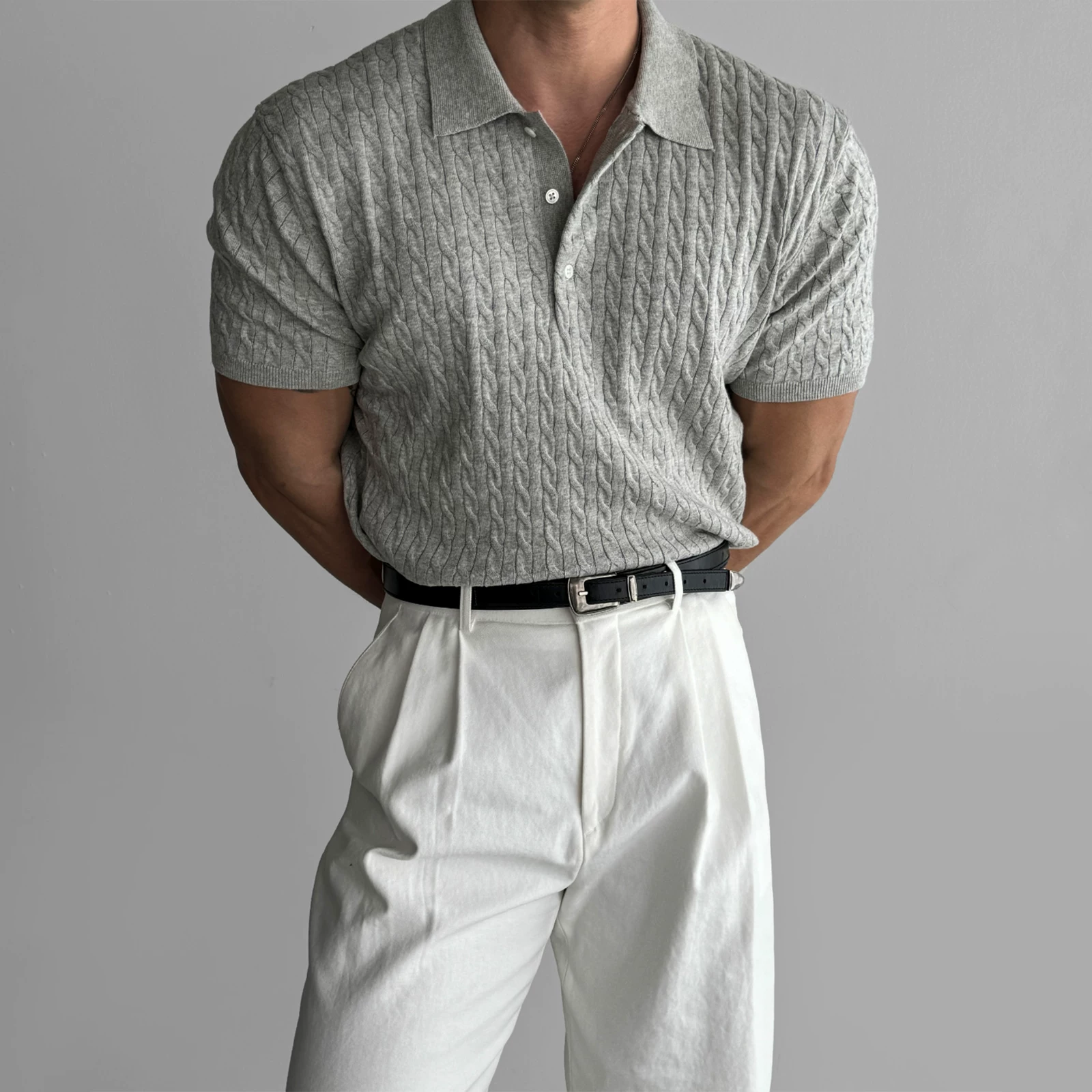 К knitted polo, рубашка для зала, эластичная ретро футболка, с коротким рукавом, американский стиль, slim fit