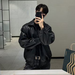 Lapel Motorcycle Leather Jacket for Men, New Spring and Autumn Korean Style, Trendy and Handsome, Hong Kong Style Retro Versatile Leather Jacket Top Coat