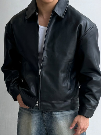 Black high-end handsome double zipper lapel leather jacket for men in winter American motorcycle style loose heavyweight jacket