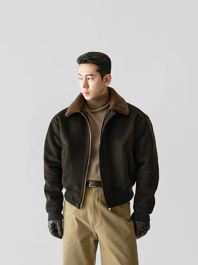 American retro imitation sherpa lapel woolen short jacket cotton men's winter thickened warm woolen jacket
