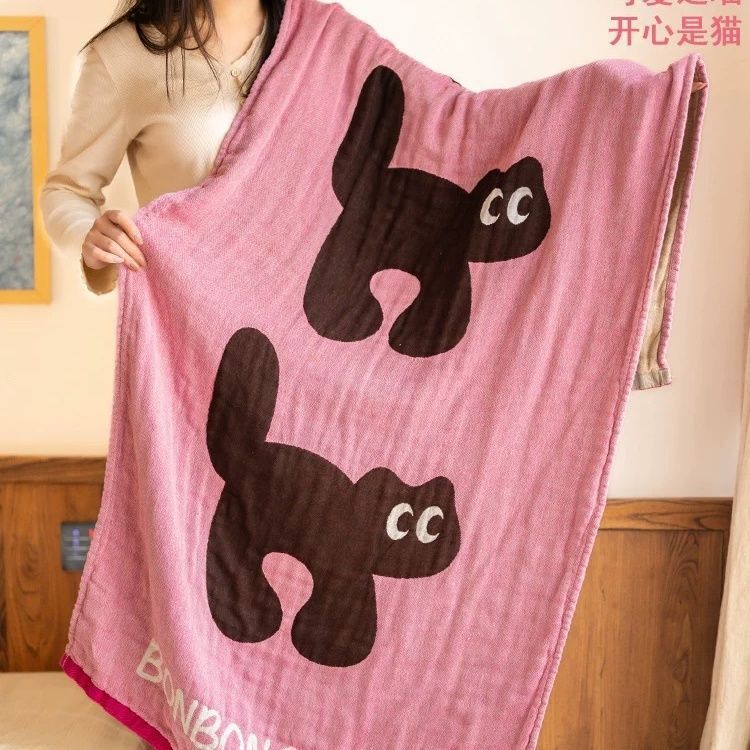 Japanese-Style Cartoon Pure Cotton Bath Towel, Four-Layer Gauze Cotton and Linen, Absorbent, Sweat-Absorbing, Quick-Drying, Large Towel, Bath Towel, Thin Blanket