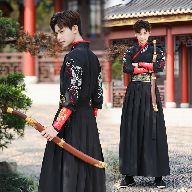 Chinese Style Original Traditional Long-Sleeved Hanfu for Boys, Ancient Costume Warrior, Assassin, Bodyguard, Student, Black Martial Arts Performance Costume