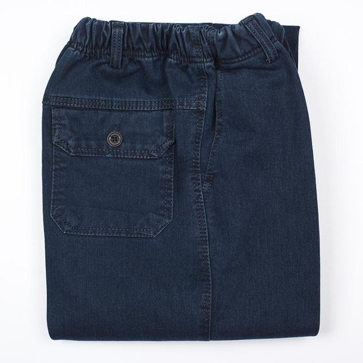 Mùa xuân và mùa thu mẫu trung niên và tuổi già lỏng lẻo eo cao nam quần dài thun thun quần jeans bố giải trí cộng với phân bón XL quần áo big size nam