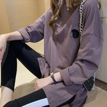 Long-sleeved t-shirt autumn new Korean version loose large size top mid-length fat sister t-shirt bottoming shirt 200 jin tide