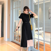 Plus size plus size summer fat sister irregular skirt stitching round neck T-shirt mid-length dress top bottoming shirt