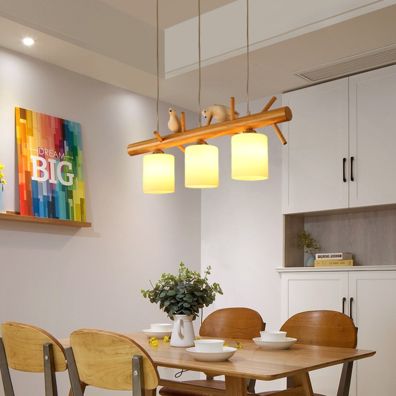 Nordic wood 3-head dining room lamp modern minimalist Genesis Creative Nature Field Dining Room Dining Room Chandelia Solid Wood Lamps