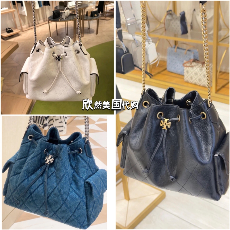 New Model Charlie Drawstring Bucket Bag Tory Burch Denim Women's Shoulder Bag Direct from the Usa