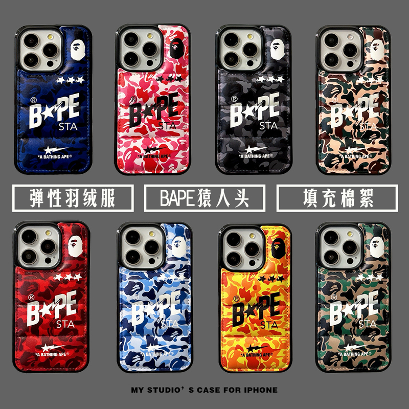 European and American High Street Fashion Brand Bape Suitable for Apple 17Promax down Jacket Phone Case Ape Head Camouflage Color Iphone16Pro High-End 154 Cotton-Filled Air Cushion Full-Cover Anti-Drop Protective Case Xr