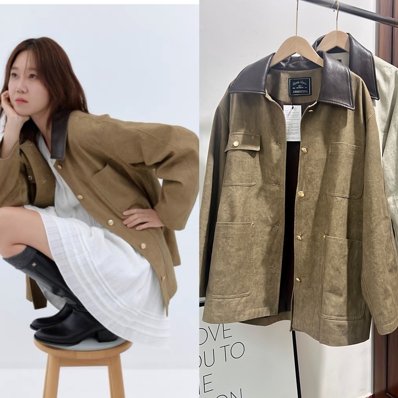 Korean Depo Kong Hyo-Jin Celebrity Style Retro Barn-Style Color-Blocked Collar Patchwork Coat Trench Coat 2026 Spring Women's