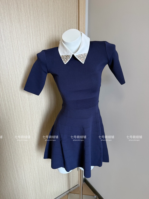 Precious Lady: Dark Blue Mid-Sleeve Polo Collar Faux Two-Piece Spring/Summer Knitted Dress for Women, Waist-Cinching A-Line Dress Precious Lady: Dark Blue Mid-Sleeve Polo Collar Faux Two-Piece Spring/Summer Knitted Dress for Women, Waist-Cinching A-Line Dress
