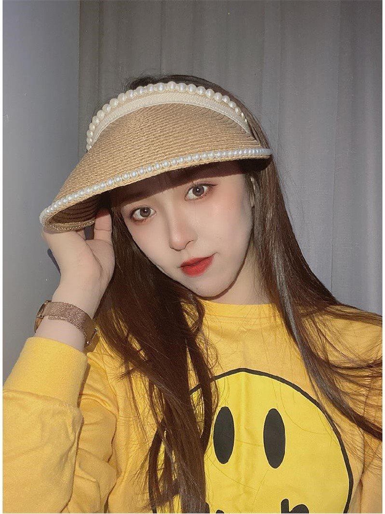 Spring and summer pearl hairpin empty top straw hat travel headband travel hat fashion nail bead leaking top sun hat big brim beach