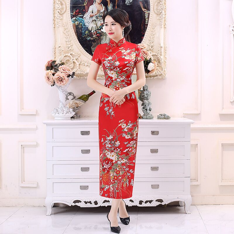 Long retro cheongsam, dress suitable for photo sessions, plus size, mid-length, with short sleeve, for catwalk, Chinese style Long retro cheongsam, dress suitable for photo sessions, plus size, mid-length, with short sleeve, for catwalk, Chinese style