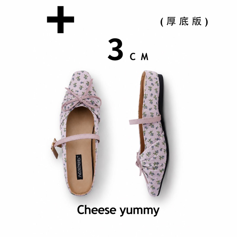 Cheese Yummy Sheepskin Bowknot Floral Half-Slipper with One-Strap Buckle and 3cm Height-Increasing Thick Sole Mules Cheese Yummy Sheepskin Bowknot Floral Half-Slipper with One-Strap Buckle and 3cm Height-Increasing Thick Sole Mules