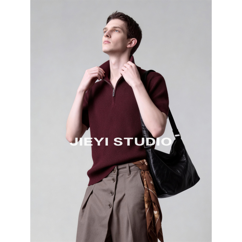 Jieyi Half-Zip Men's Short-Sleeved Knitted Polo Shirt with Stand-Up Collar, Solid Color, Vertical Texture Men's Top Jieyi Half-Zip Men's Short-Sleeved Knitted Polo Shirt with Stand-Up Collar, Solid Color, Vertical Texture Men's Top