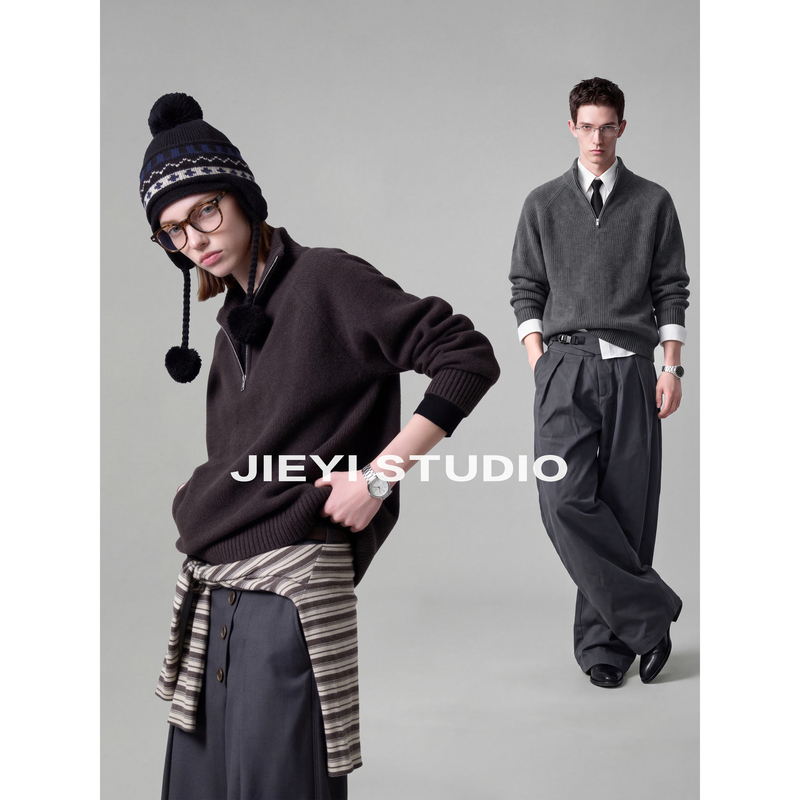Jieyi Half-Zip Knit Warm Thick Sweater with a Relaxed Fit, High-End Luxury, Half-High Collar, Vertical Texture, and a Velvety Feel Jieyi Half-Zip Knit Warm Thick Sweater with a Relaxed Fit, High-End Luxury, Half-High Collar, Vertical Texture, and a Velvety Feel