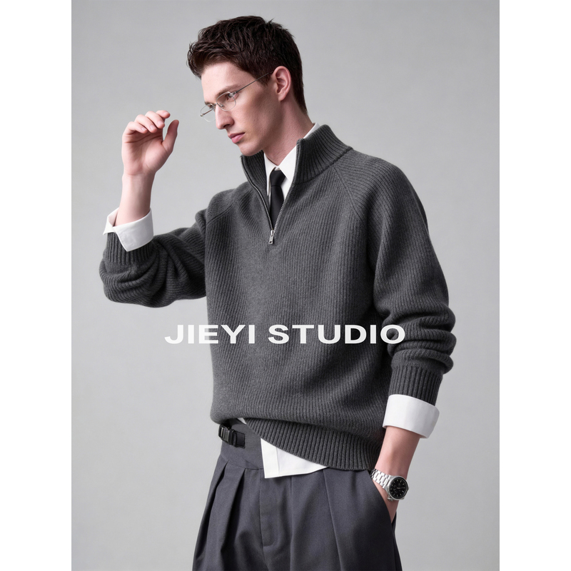 Jieyi Luxurious and Sophisticated Long-Sleeve Half-Zip Vertical Texture Knit Sweater, Warm and Thickened Half-High Collar Sweater Jieyi Luxurious and Sophisticated Long-Sleeve Half-Zip Vertical Texture Knit Sweater, Warm and Thickened Half-High Collar Sweater