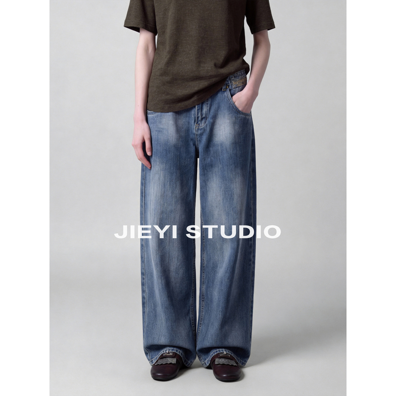 Jieyi Cotton Blend Washed Gradient Color Jeans for Men with Back Waist Button Adjustment Strap and Heavy-Duty English Embroidery Long Pants