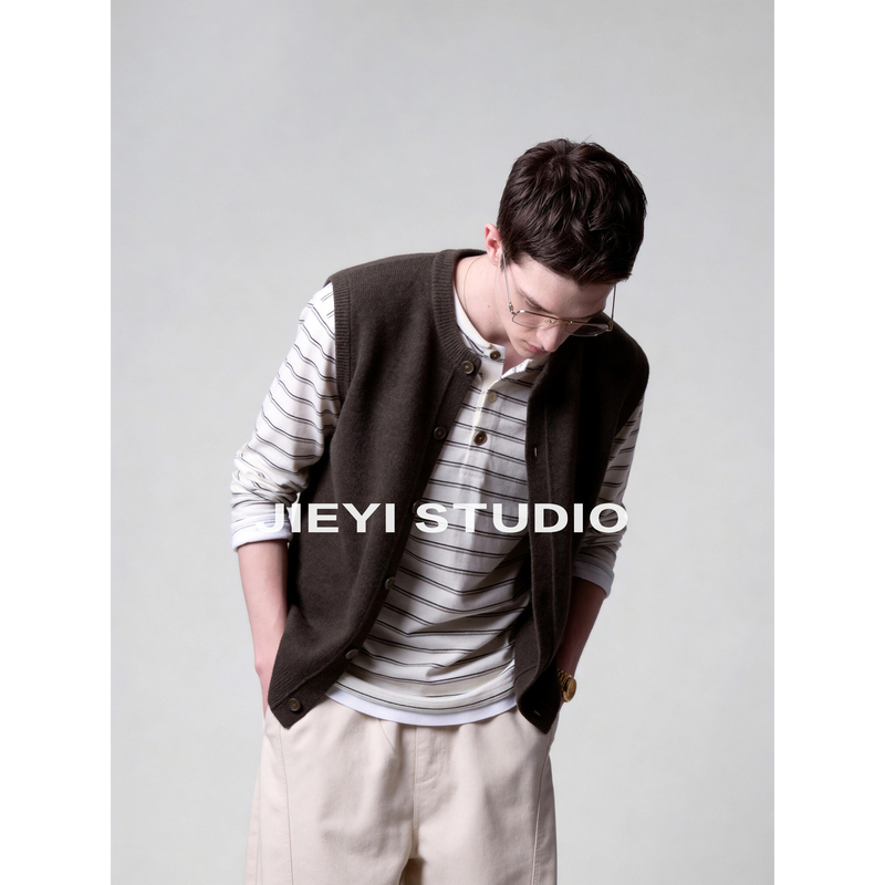 Jieyi French Paris Style Sleeveless Round Neck Knitted Vest Cardigan Single-Breasted Label Sheep Wool Blend Vest