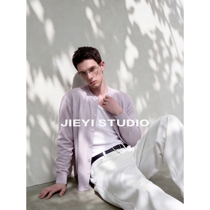 Jieyi Dopamine Placketed Knit Cardigan with Soft Edges, Thin Wool Blend Henry Collar Textured Sweater
