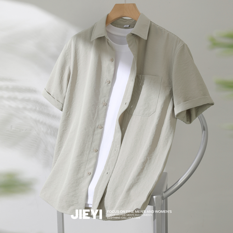 Jieyi Men's Curved Hem Short Sleeve Shirt Chinese Aesthetic Morandi Color Smooth Solid Color Short Jacket Jieyi Men's Curved Hem Short Sleeve Shirt Chinese Aesthetic Morandi Color Smooth Solid Color Short Jacket