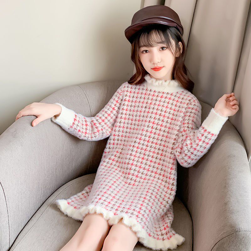 Girls sweater 2021 spring and autumn new style Western style 6 girls pullover medium and long version mink velvet sweater children's suit 7 years old