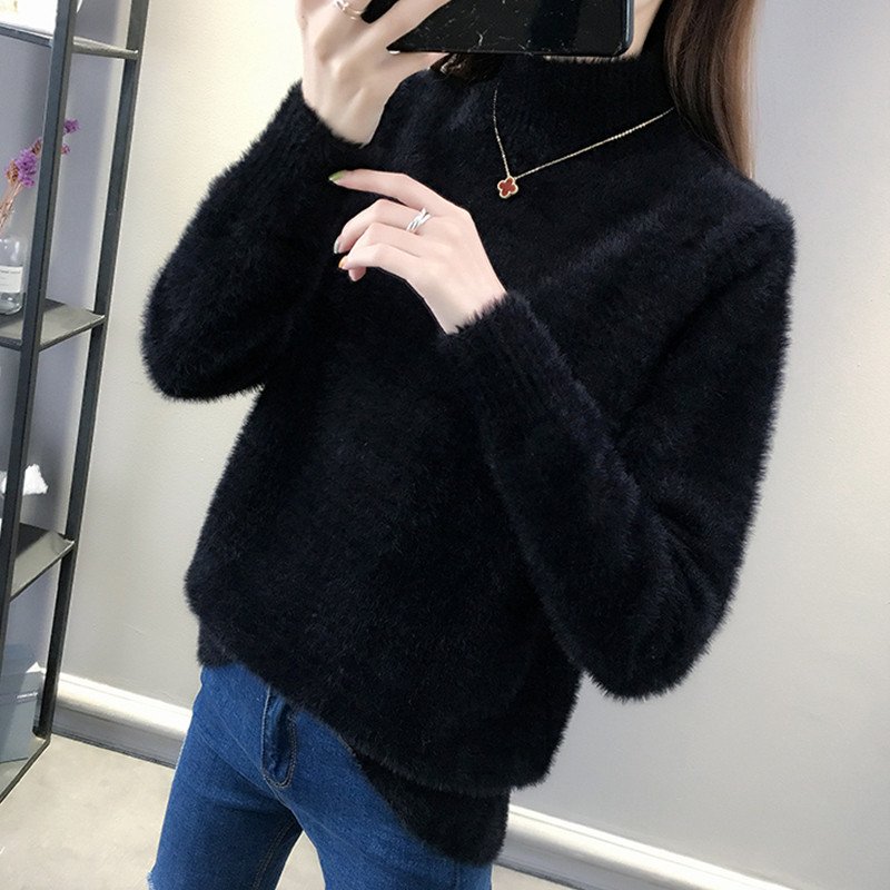 景绪2019秋冬新款水貂绒半高领毛衣女宽松内搭时尚休闲打底针织衫