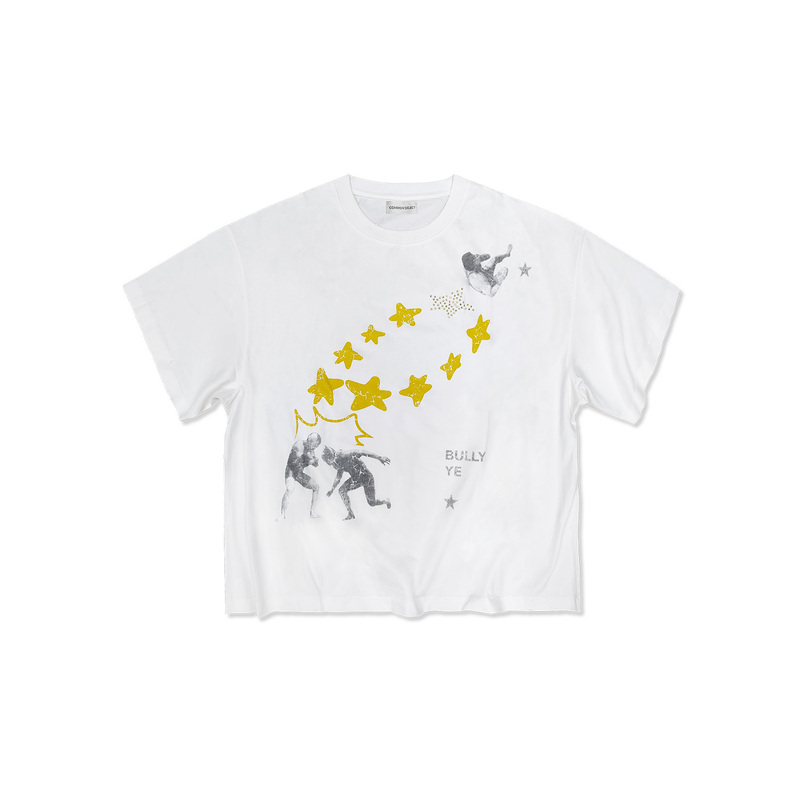 Commonselect 26Ss Summer Washed Vintage T-Shirt with Star Rhinestones, Retro American Street Style Short Sleeves