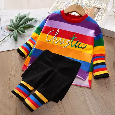 Girl set 2021 Autumn New Korean female baby rainbow casual set children Foreign style stripes two-piece set