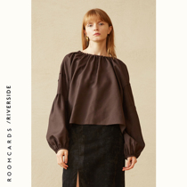 ROOMCARDS independent designer brand brown silk wool bubble sleeve jersey top