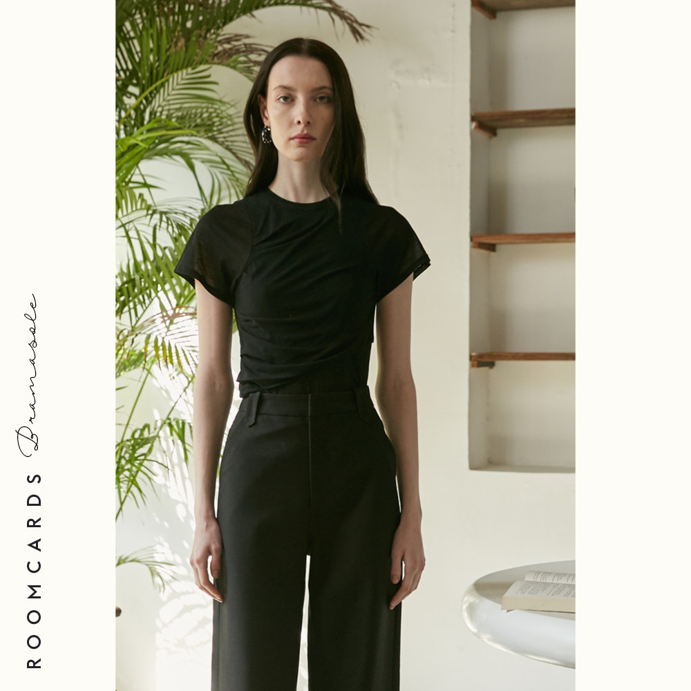 ROOMCARDS independent designer Japanese technology cotton T-shirt women's summer new semi-transparent fold design short sleeves