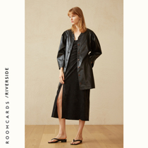 ROOMCARDS independent designer brand texture leather horn sleeve loose dress coat with belt