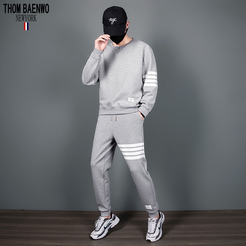 Thom Baenwo Tom Tb Brown Classic Four-Bar Pure Cotton Crew Neck Sweatshirt Set Casual Unisex Spring and Autumn Style