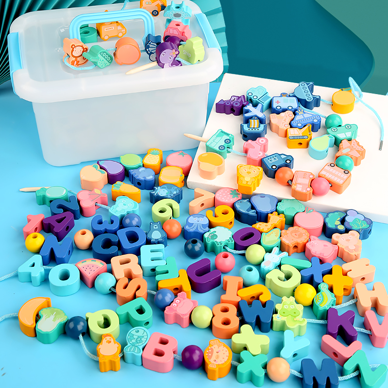 Children string beads wearing beads Wearing Rope Wooden early teaching threading around Pearl building blocks 2-3-4-year-olds Puzzle Power Toys