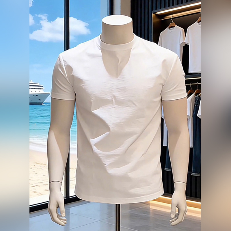 High-End White Cuffed Sleeve Regular Shoulder T-Shirt for Men, 2026 Summer American Style Small Neckline Short Sleeve Fitness Sports Three-Quarter Sleeve