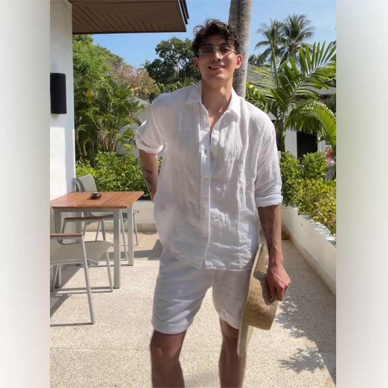 Light Luxury Old Money Style White Shirt Set for Men 2026 Summer Ice Silk Sun Protection Long-Sleeved Shirt and Shorts Complete Set