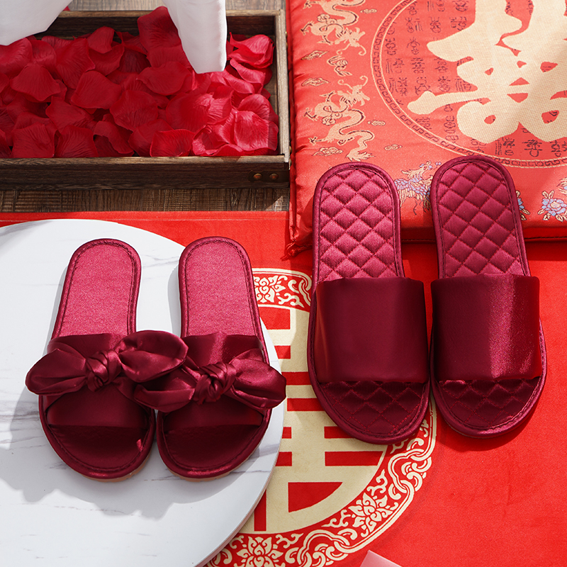 Buy one get one free Wedding slippers Festive red pair of high-end dowry morning robe couple newlywed slippers summer