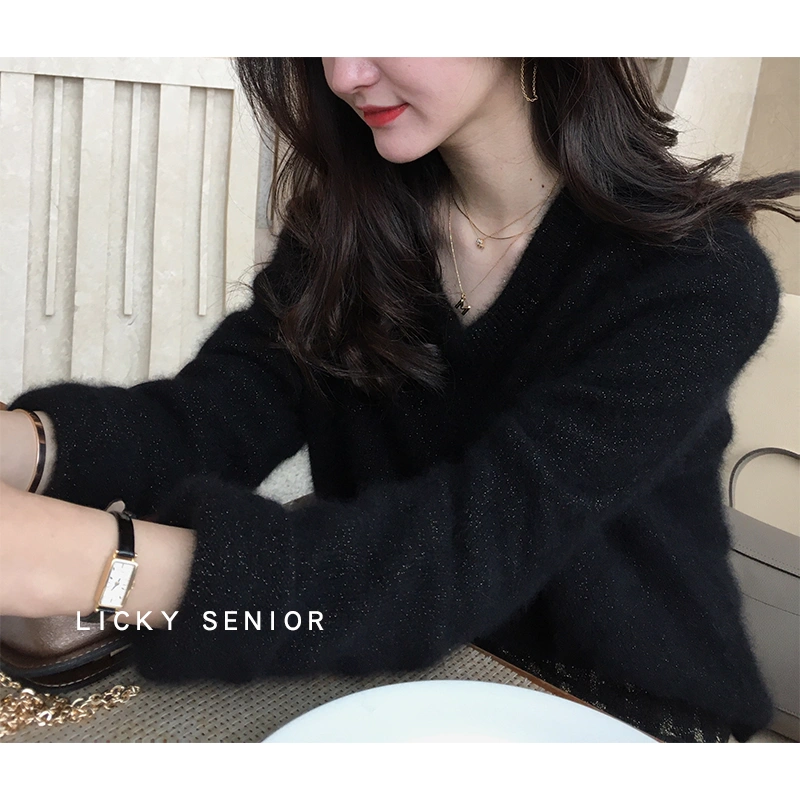 LICKYSENIOR Áo thun sáng màu Starry Temperament Áo thun cổ chữ V Áo len nữ Áo len vàng Hàn Quốc - Áo len cổ chữ V